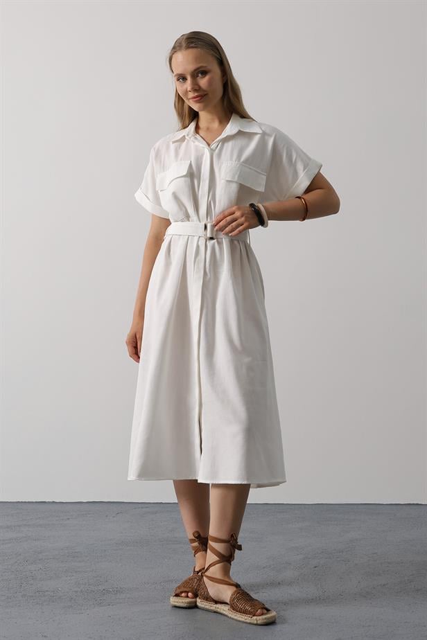 RYN Belted Pocket Detail Half Sleeve Dress - White - Summerville