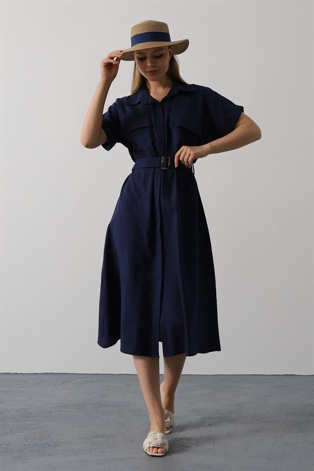 RYN Belted Pocket Detailed Half Sleeve Dress - Navy - Lakeville