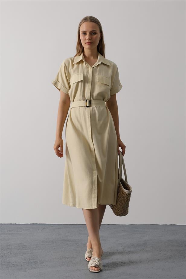 RYN Belted Pocket Detailed Half Sleeve Dress - Ecru - Medicine Hat
