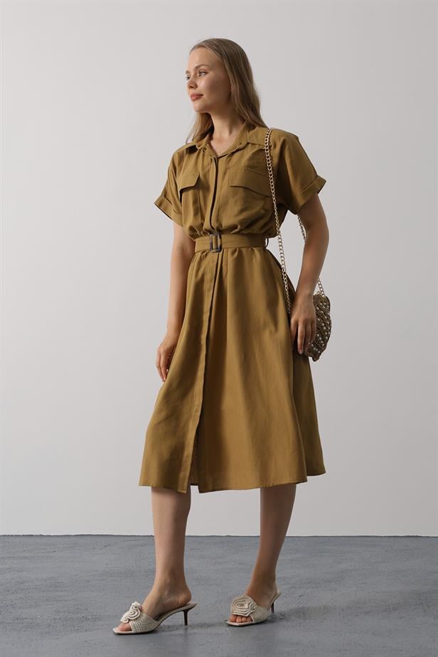 RYN Belted Pocket Detailed Half Sleeve Dress - Olive Green - Orpington