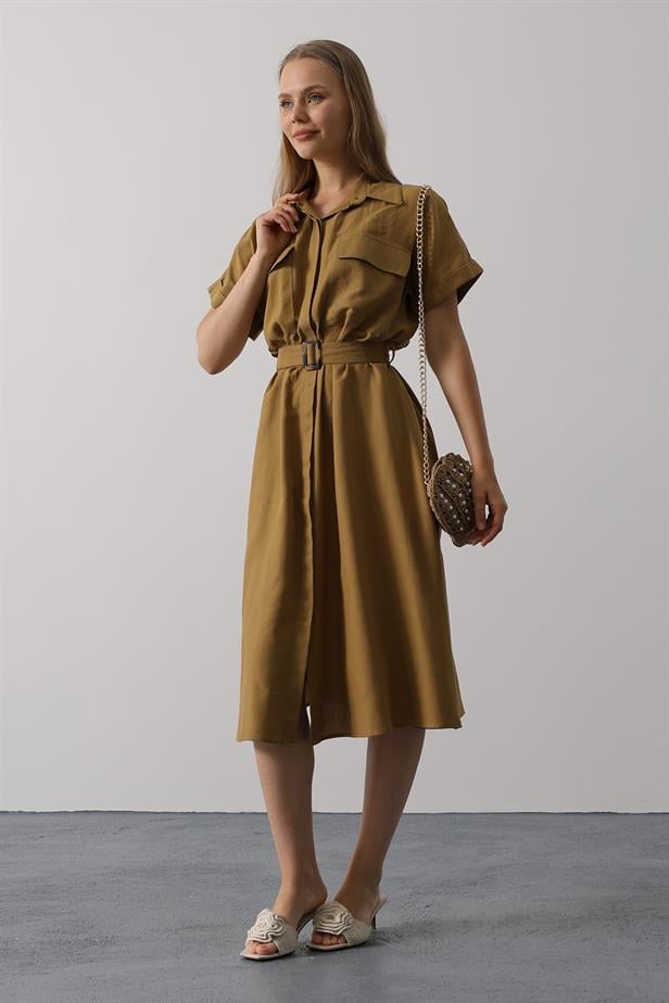 RYN Belted Pocket Detailed Half Sleeve Dress - Olive Green - Orpington
