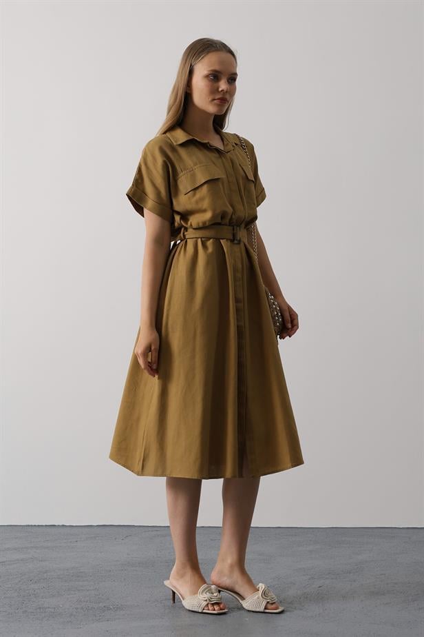 RYN Belted Pocket Detailed Half Sleeve Dress - Olive Green - Orpington