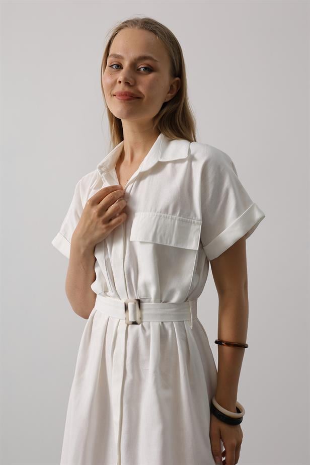 RYN Belted Pocket Detail Half Sleeve Dress - White - Summerville