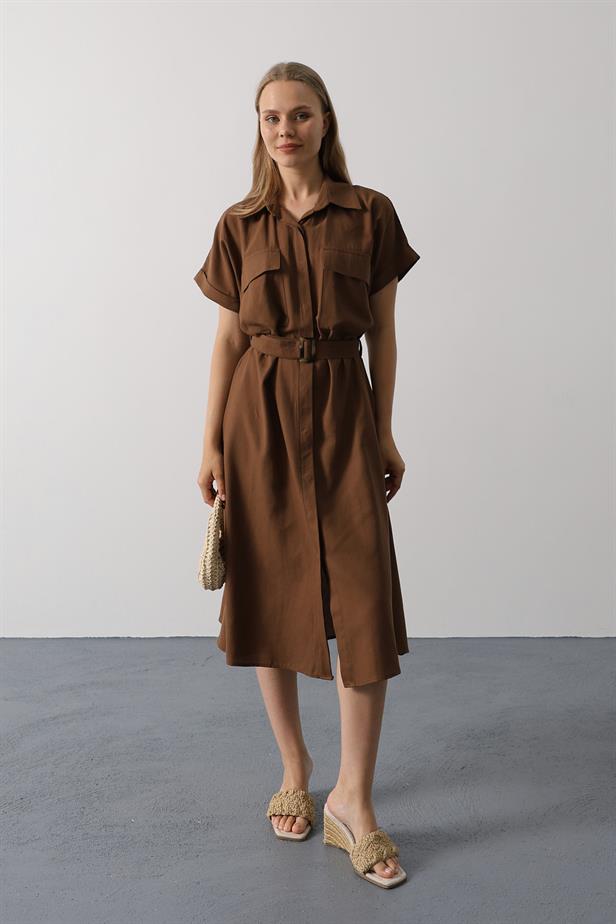 RYN Belted Pocket Detailed Half Sleeve Dress - Brown - Elmshorn