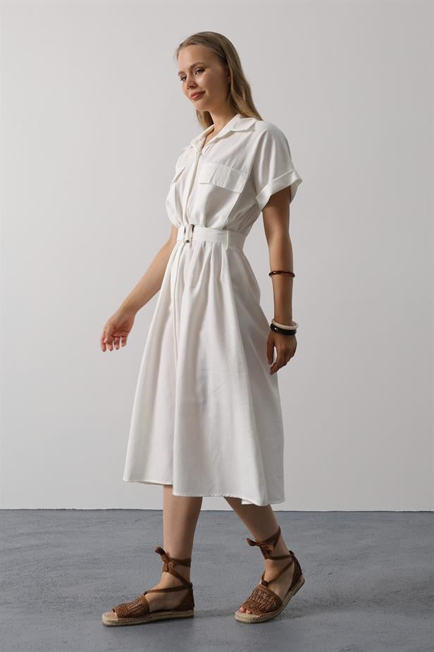 RYN Belted Pocket Detail Half Sleeve Dress - White - Summerville