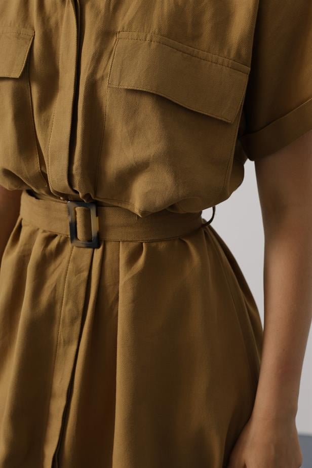 RYN Belted Pocket Detailed Half Sleeve Dress - Olive Green - Orpington