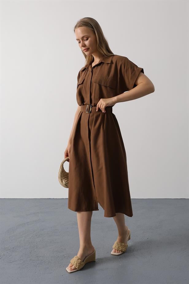 RYN Belted Pocket Detailed Half Sleeve Dress - Brown - Elmshorn