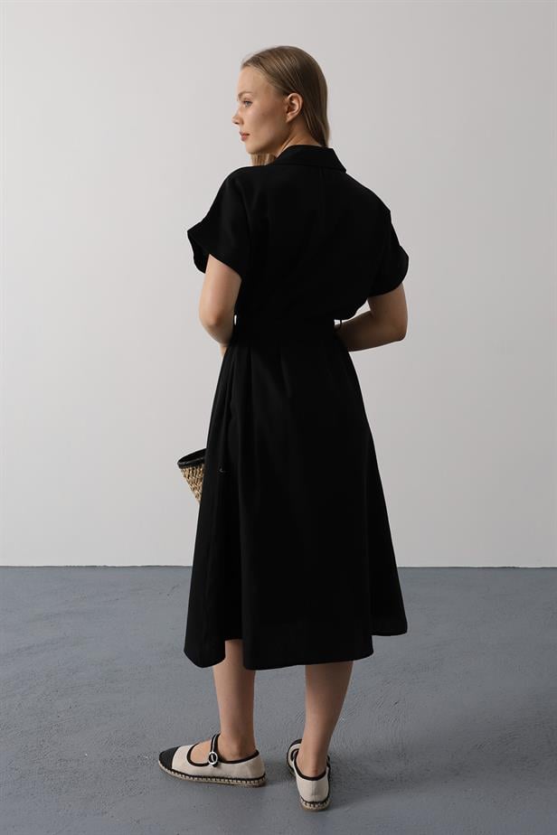 RYN Belted Pocket Detailed Half Sleeve Dress - Black - Clifton