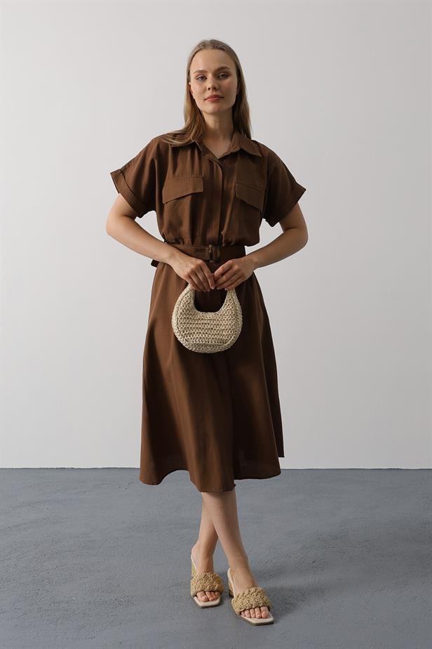 RYN Belted Pocket Detailed Half Sleeve Dress - Brown - Elmshorn
