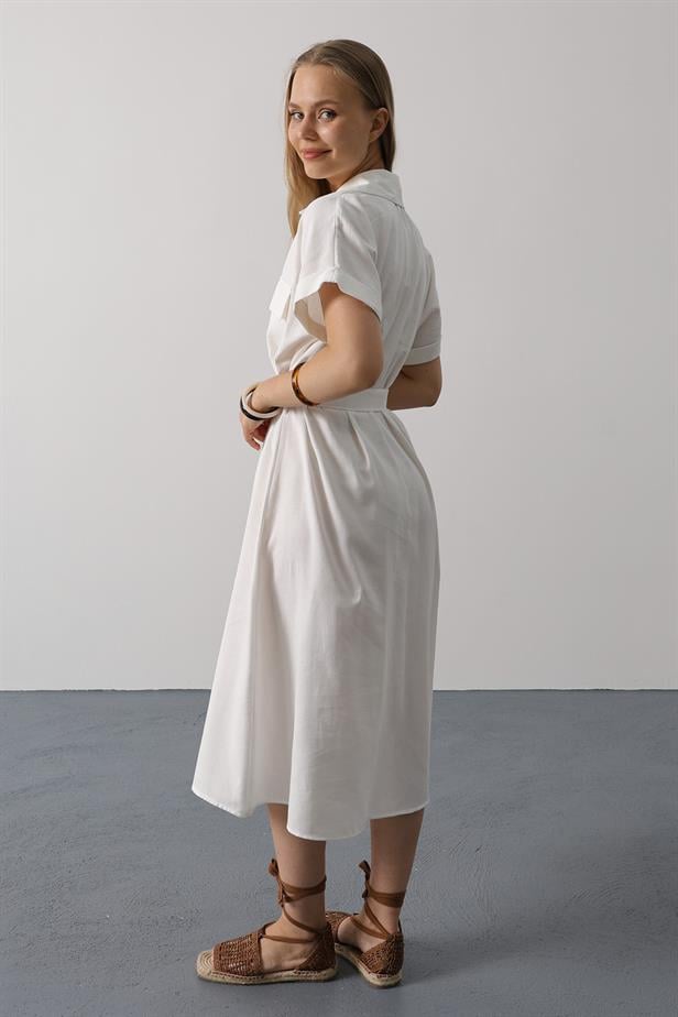 RYN Belted Pocket Detail Half Sleeve Dress - White - Summerville