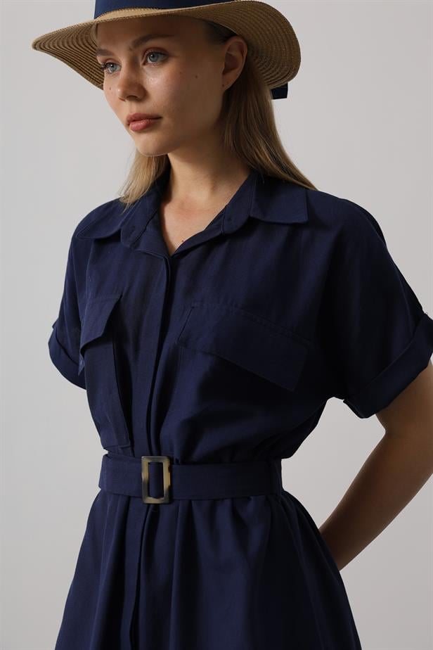 RYN Belted Pocket Detailed Half Sleeve Dress - Navy - Lakeville