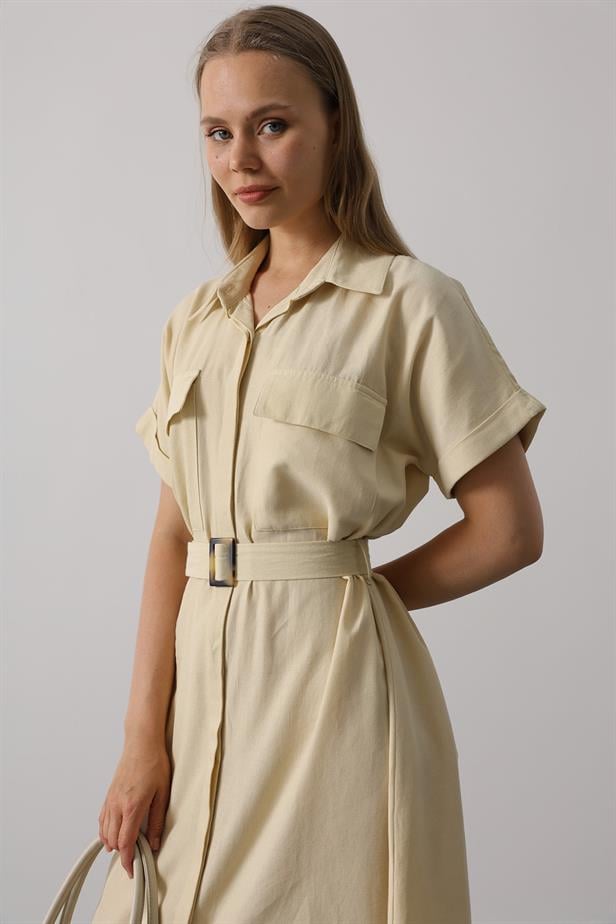 RYN Belted Pocket Detailed Half Sleeve Dress - Ecru - Medicine Hat