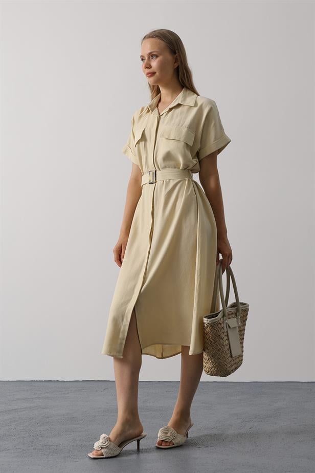 RYN Belted Pocket Detailed Half Sleeve Dress - Ecru - Medicine Hat