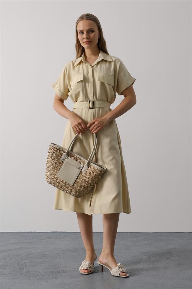 RYN Belted Pocket Detailed Half Sleeve Dress - Ecru - Medicine Hat