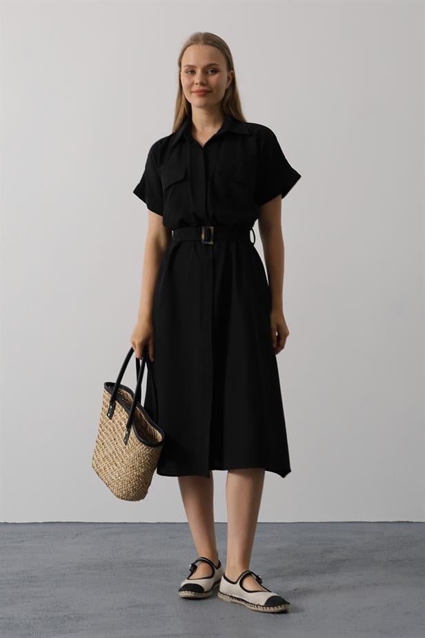 RYN Belted Pocket Detailed Half Sleeve Dress - Black - Clifton