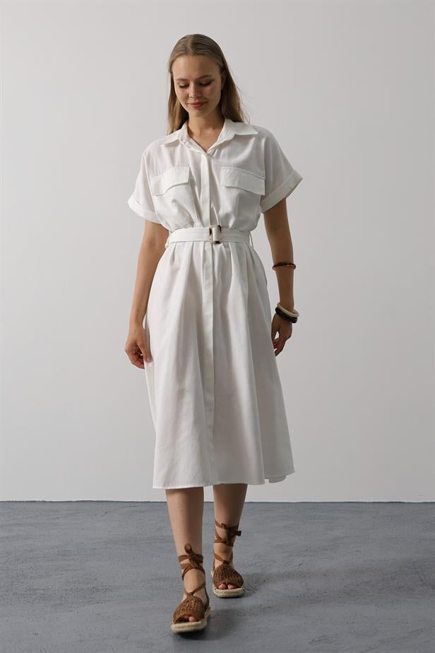 RYN Belted Pocket Detail Half Sleeve Dress - White - Summerville