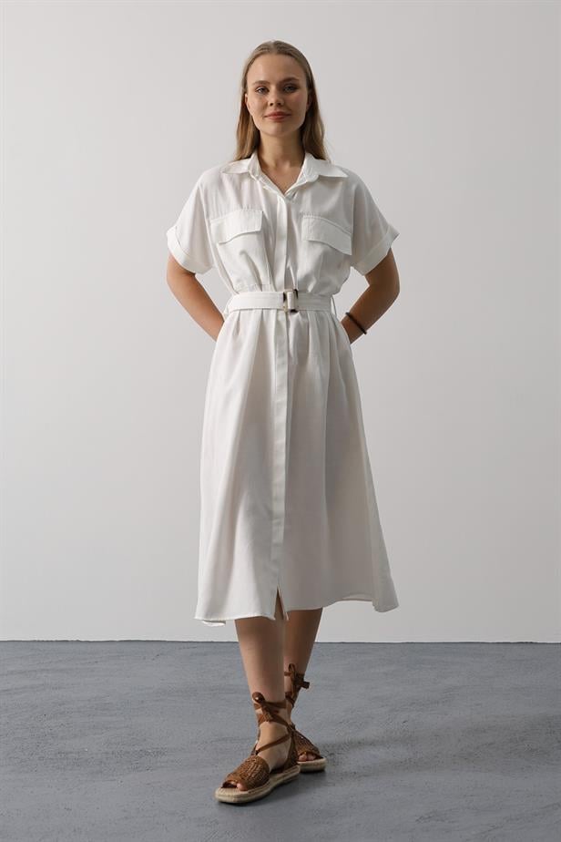 RYN Belted Pocket Detail Half Sleeve Dress - White - Summerville
