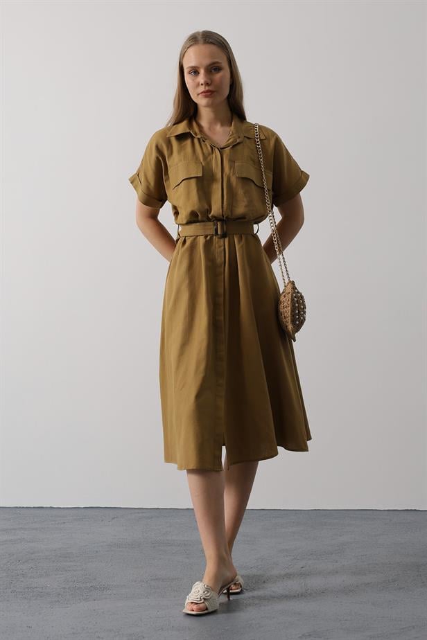 RYN Belted Pocket Detailed Half Sleeve Dress - Olive Green - Orpington