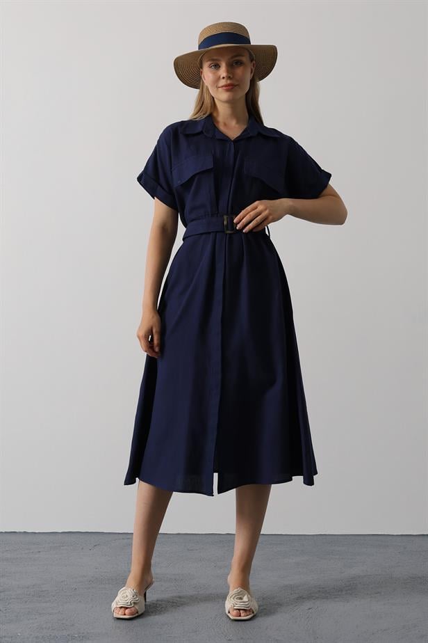 RYN Belted Pocket Detailed Half Sleeve Dress - Navy - Lakeville