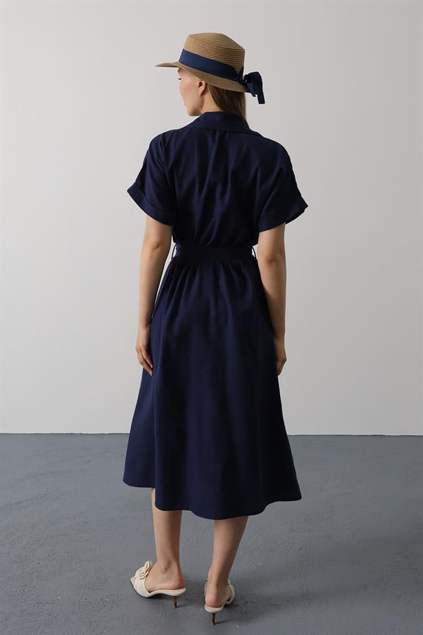 RYN Belted Pocket Detailed Half Sleeve Dress - Navy - Lakeville