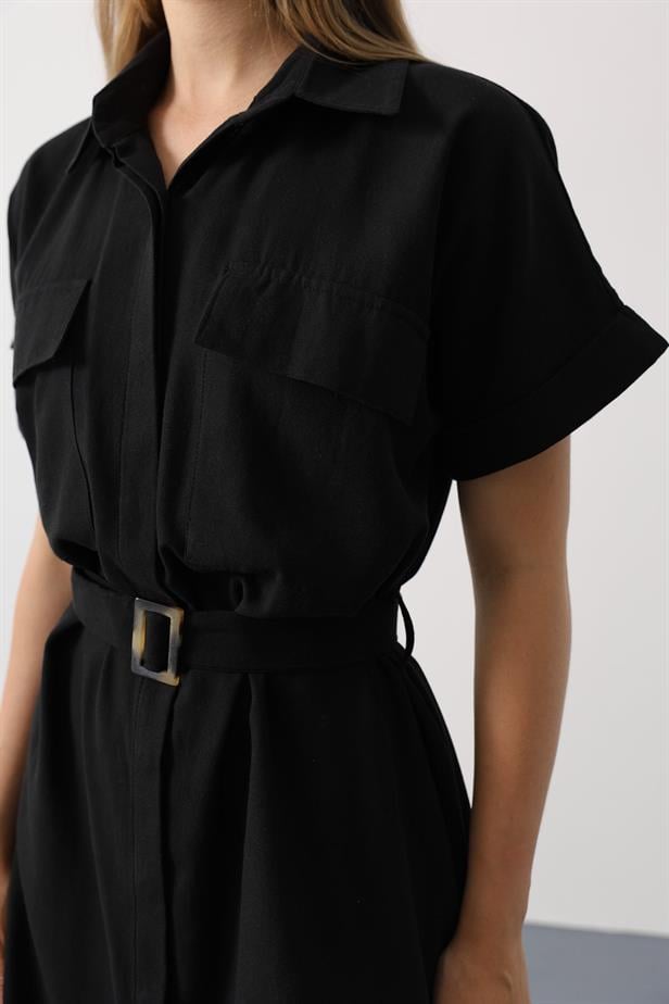 RYN Belted Pocket Detailed Half Sleeve Dress - Black - Clifton