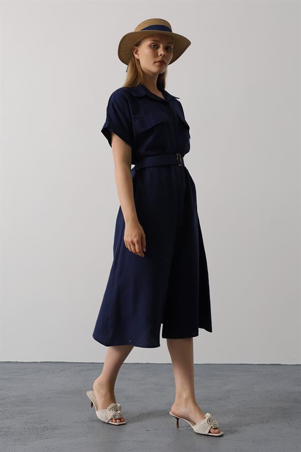 RYN Belted Pocket Detailed Half Sleeve Dress - Navy - Lakeville