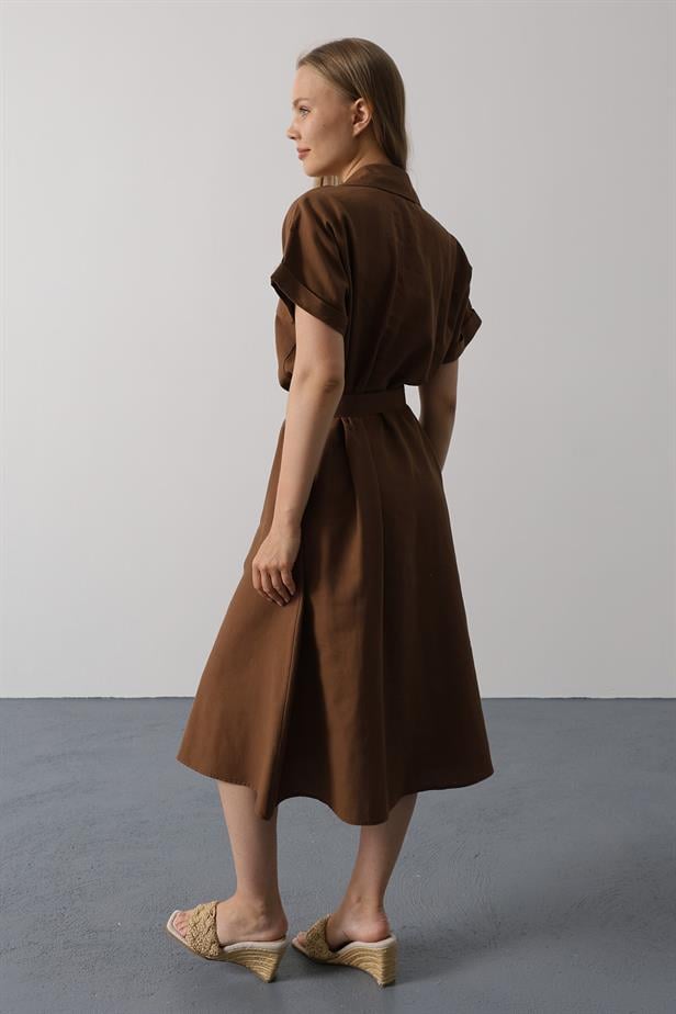 RYN Belted Pocket Detailed Half Sleeve Dress - Brown - Elmshorn
