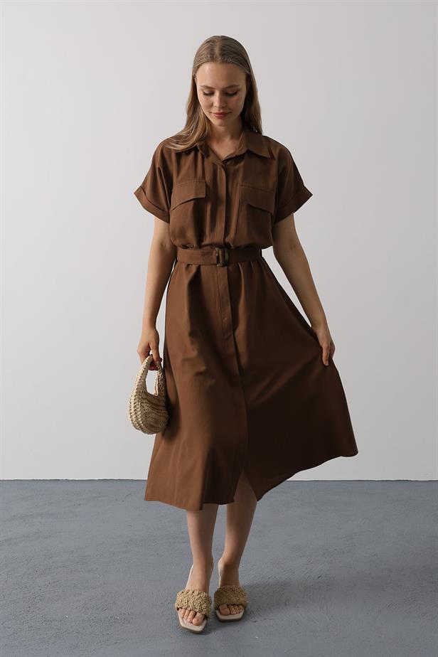RYN Belted Pocket Detailed Half Sleeve Dress - Brown - Elmshorn