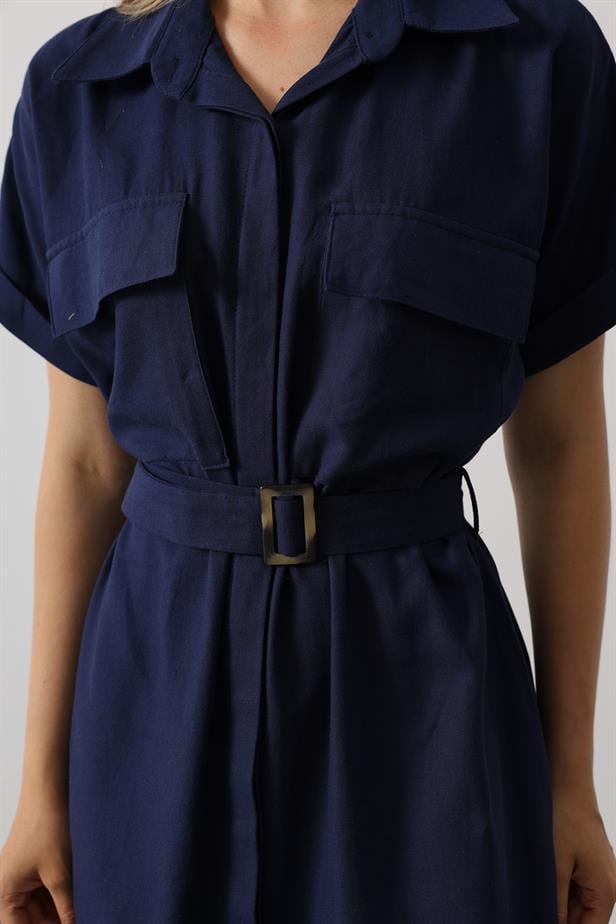 RYN Belted Pocket Detailed Half Sleeve Dress - Navy - Lakeville
