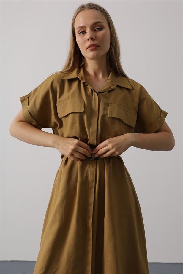 RYN Belted Pocket Detailed Half Sleeve Dress - Olive Green - Orpington