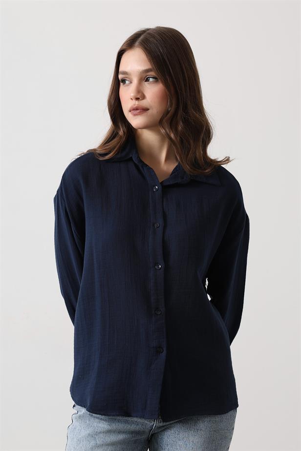 RYN Muslin Long Sleeve Shirt - Navy Blue - Belleville