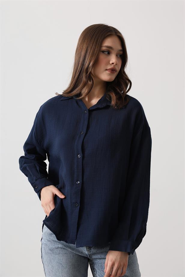 RYN Muslin Long Sleeve Shirt - Navy Blue - Belleville