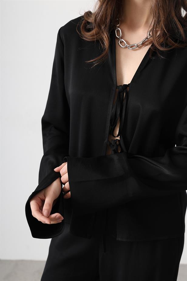 RYN Front Pleated Blouse and Pants Set - Black - Úbeda