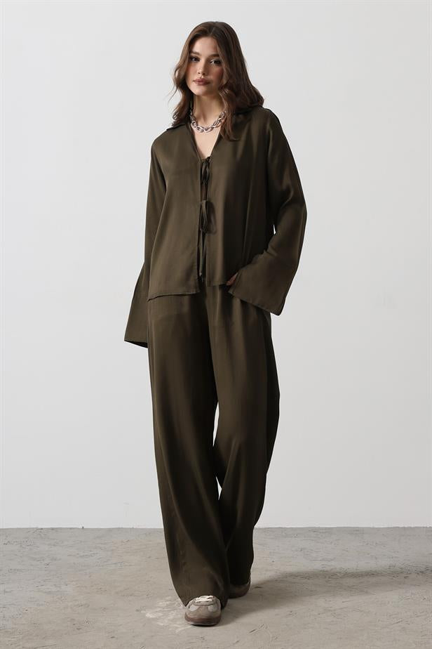 RYN Front Pleated Blouse and Pants Set - Khaki - Hamilton