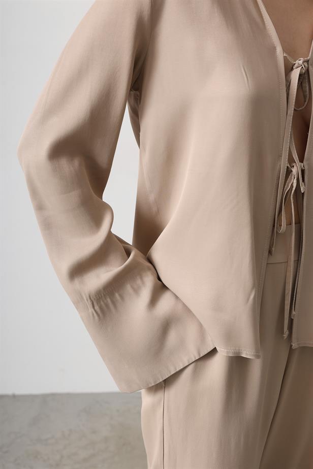 RYN Front Pleated Blouse and Pants Set - Mink - Penfield
