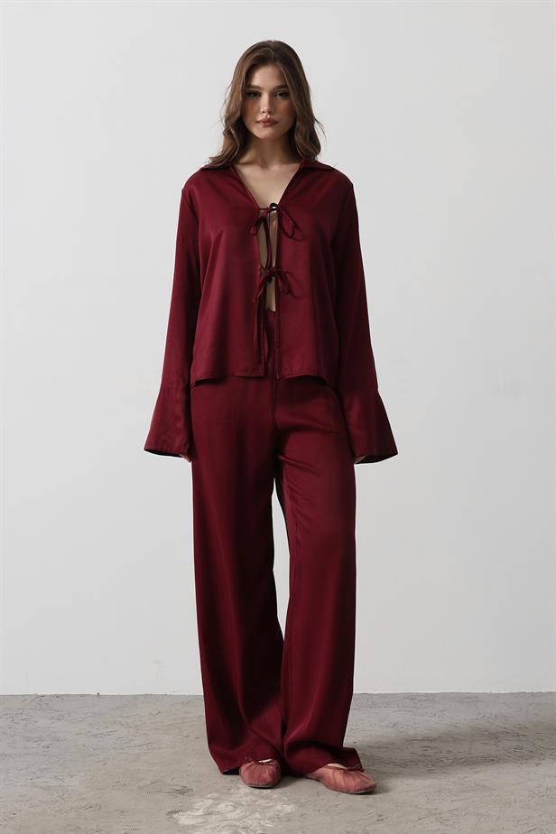 RYN Front Pleated Blouse and Pants Set - Burgundy - Georgetown
