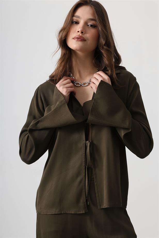 RYN Front Pleated Blouse and Pants Set - Khaki - Hamilton