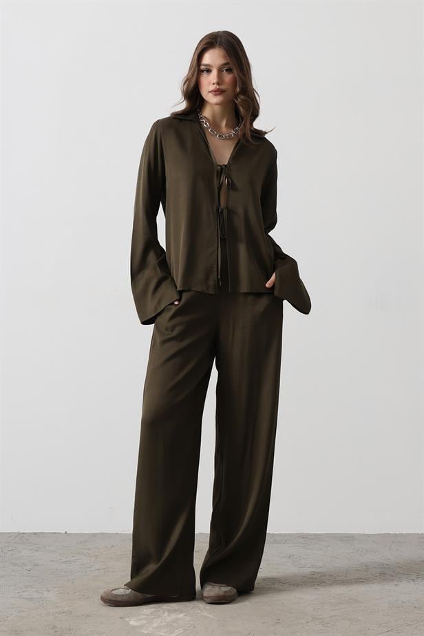 RYN Front Pleated Blouse and Pants Set - Khaki - Hamilton