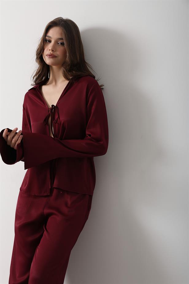 RYN Front Pleated Blouse and Pants Set - Burgundy - Georgetown