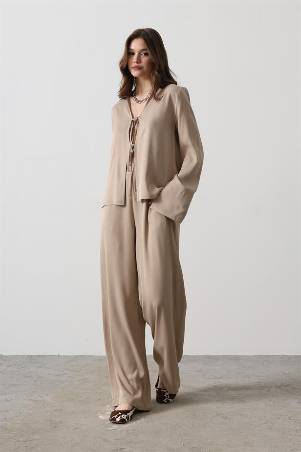 RYN Front Pleated Blouse and Pants Set - Mink - Penfield