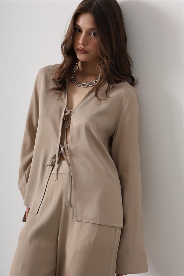 RYN Front Pleated Blouse and Pants Set - Mink - Penfield