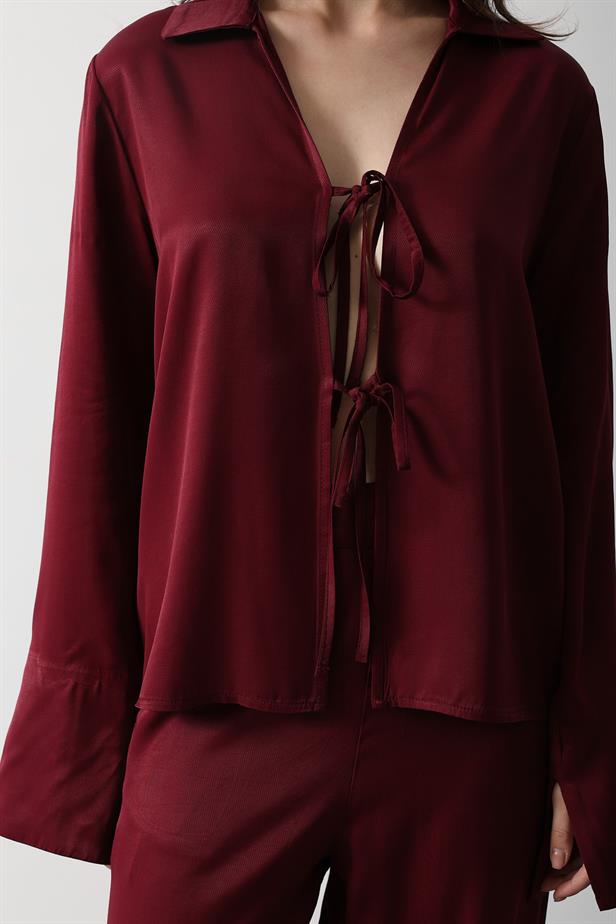 RYN Front Pleated Blouse and Pants Set - Burgundy - Georgetown