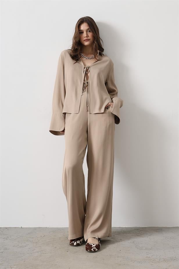 RYN Front Pleated Blouse and Pants Set - Mink - Penfield