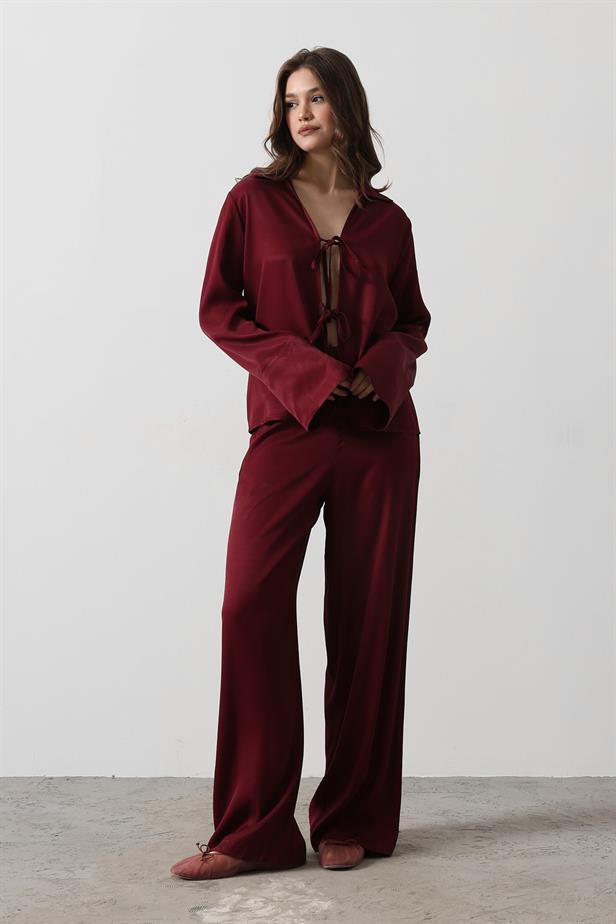 RYN Front Pleated Blouse and Pants Set - Burgundy - Georgetown
