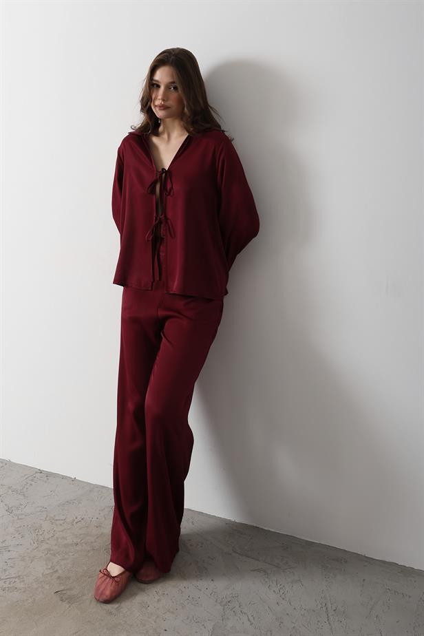 RYN Front Pleated Blouse and Pants Set - Burgundy - Georgetown