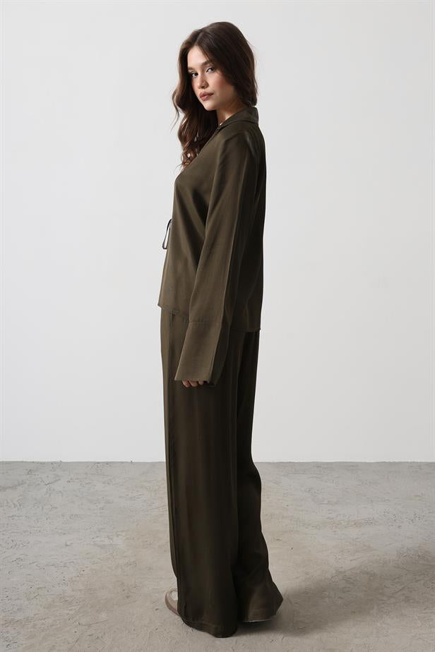 RYN Front Pleated Blouse and Pants Set - Khaki - Hamilton