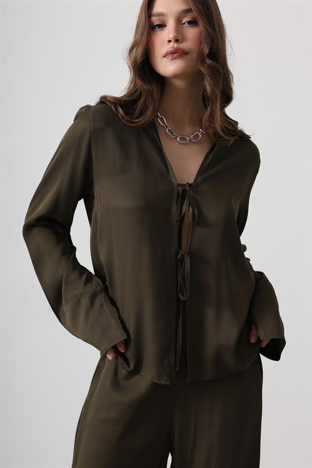 RYN Front Pleated Blouse and Pants Set - Khaki - Hamilton