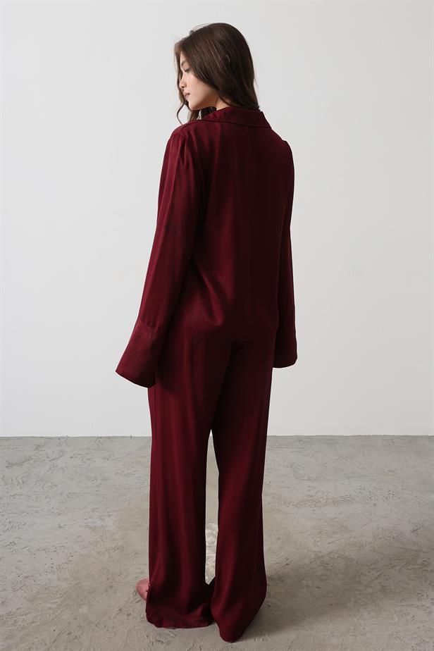 RYN Front Pleated Blouse and Pants Set - Burgundy - Georgetown