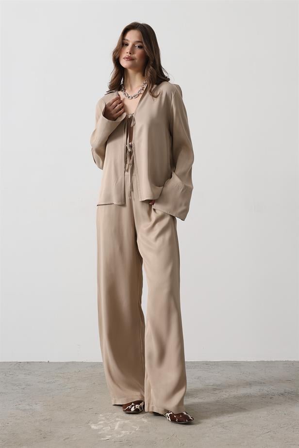 RYN Front Pleated Blouse and Pants Set - Mink - Penfield