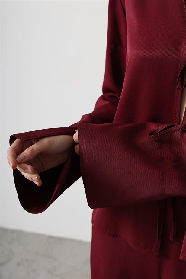 RYN Front Pleated Blouse and Pants Set - Burgundy - Georgetown